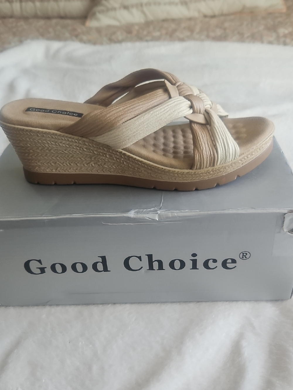 Good Chic Beige and Tan Knotted Wedge Slide Sandals